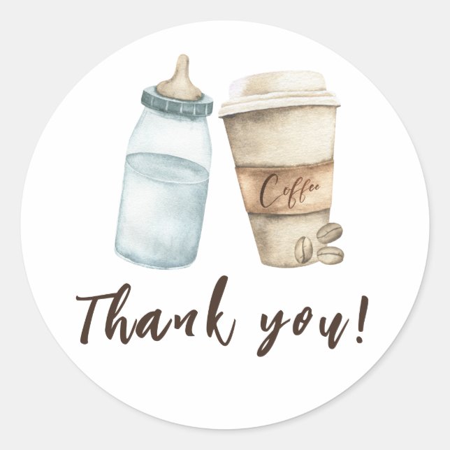 Sticker Rond Bébé prépare une bouteille de café Merci (Devant)