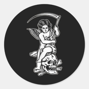 Sticker Rond Bébé Reaper Skull Scythe Blackwork Tattoo Flash