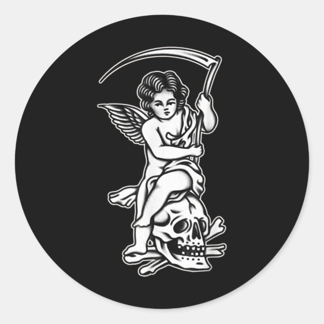Sticker Rond Bébé Reaper Skull Scythe Blackwork Tattoo Flash (Devant)