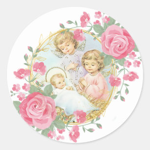 Sticker Rond Bébé religieux Jésus Anges de Noël Roses roses ros