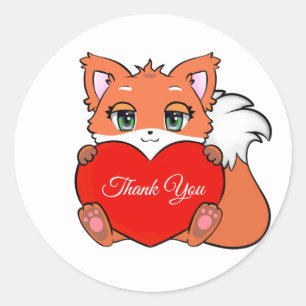 Sticker Rond Bébé renard mignon avec un cœur Merci