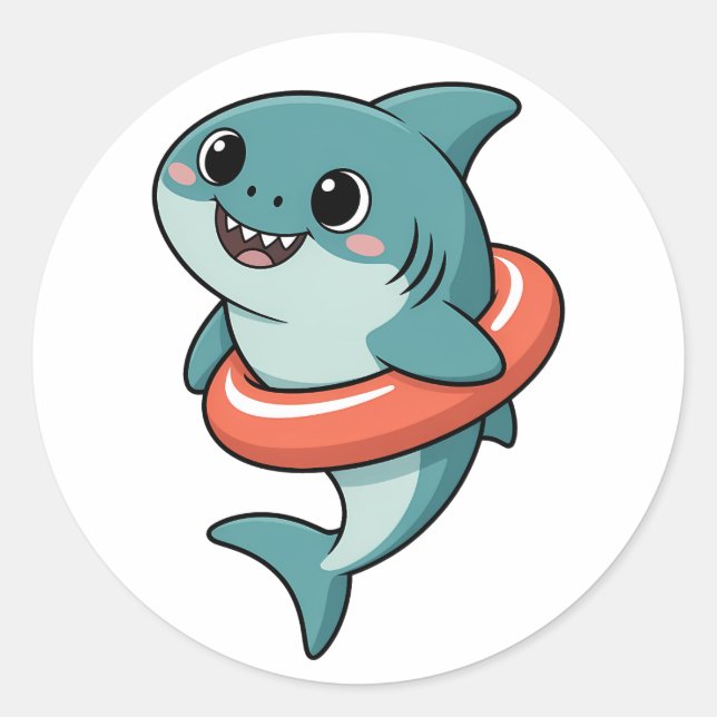 Sticker Rond Bébé Requin Mignon Avec Flotteur | Enfants (Devant)