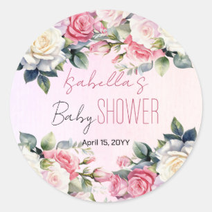 Sticker Rond Bébé rose en Fleur Baby shower Floral