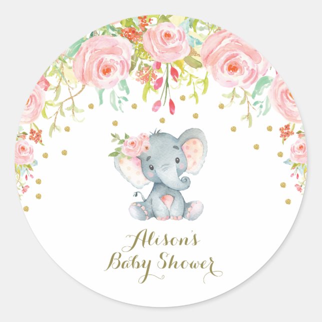 Sticker Rond Bébé rose Floral Elephant Merci Faveur (Devant)