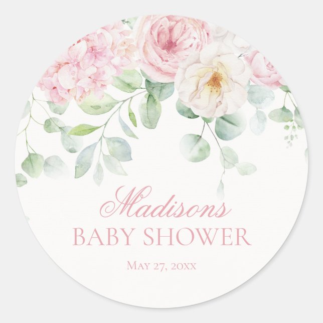 Sticker Rond Bébé rose floral en fleur Baby shower phoque Invit (Devant)