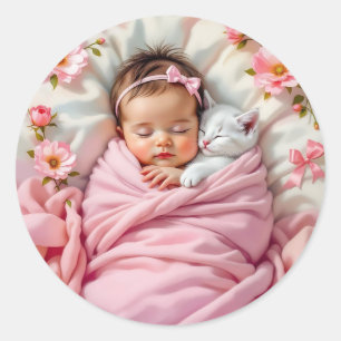 Sticker Rond Bébé rose floral fille et chaton blanc