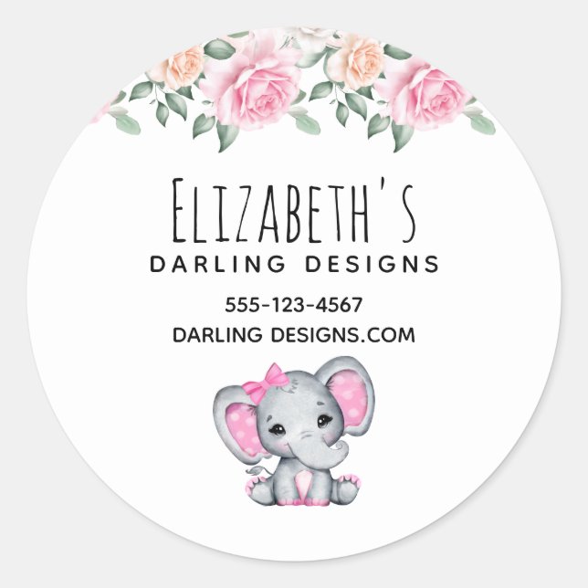 Sticker Rond Bébé rose mignon éléphant et Rose affaires frontal (Devant)