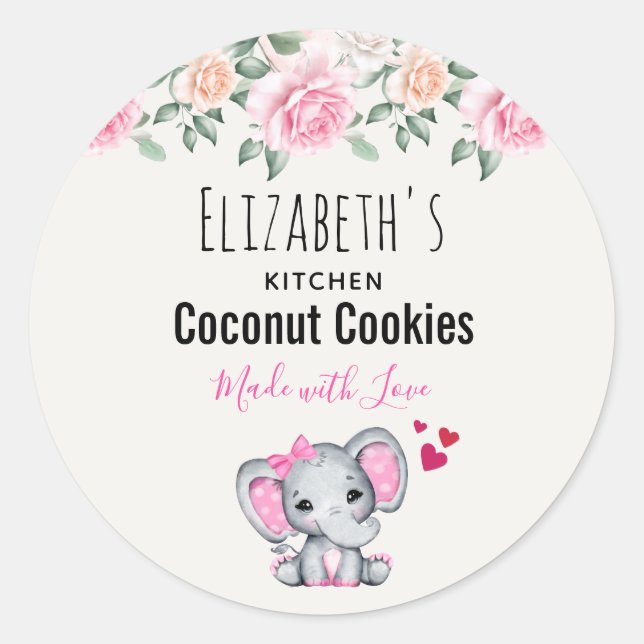 Sticker Rond Bébé rose mignonne Eléphant & Rose Aquarelle Cuisi (Devant)