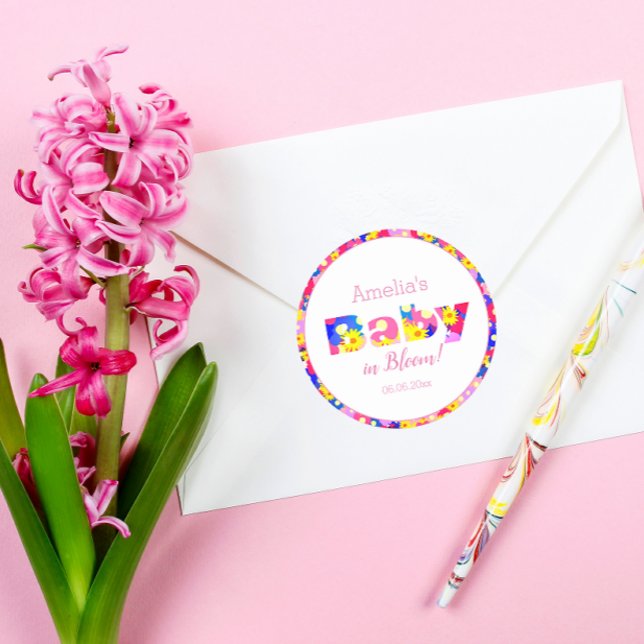 Sticker Rond Bébé rose personnalisé en Baby shower rose fleur (Créateur téléchargé)