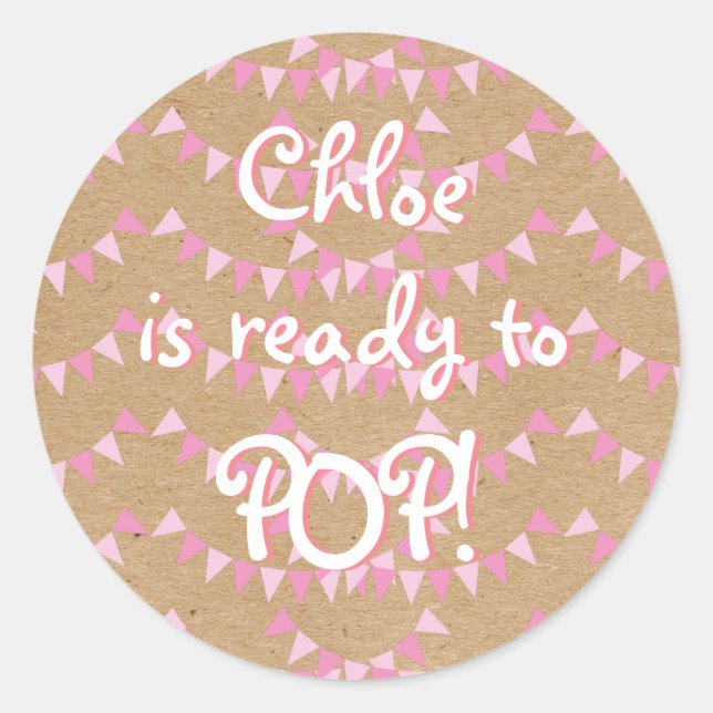 Sticker Rond Bébé Rustique Pink Bunting prêt à POP! Baby shower (Devant)