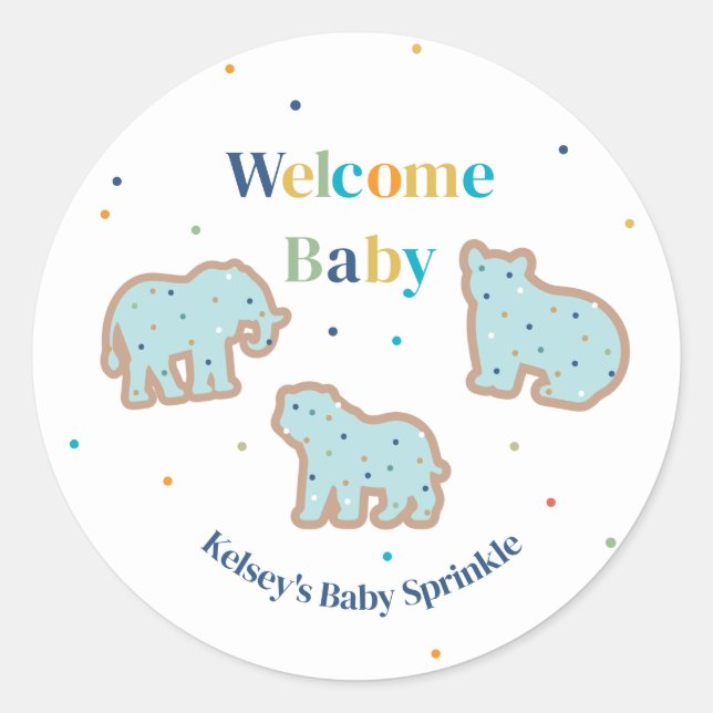 Sticker Rond Bébé Saupoudrer Animaux Cookies Baby shower garçon (Devant)