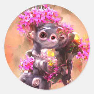 Sticker Rond Bébé singe avec fleurs