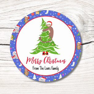 Sticker Rond Bébé singe mignon avec joyeux Noël au zoo
