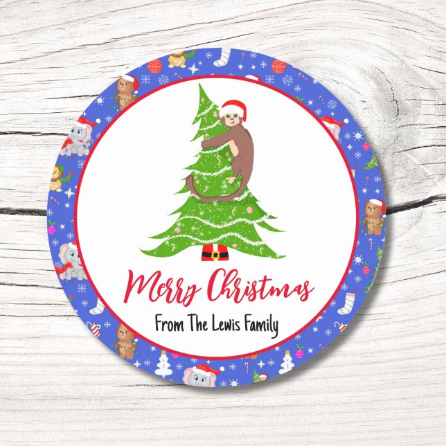 Sticker Rond Bébé singe mignon avec joyeux Noël au zoo  (Créateur téléchargé)