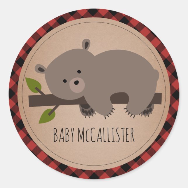 Sticker Rond Bébé Sleepy Bear Cub Plaid Baby shower (Devant)