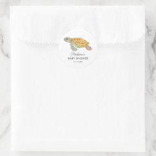 Sticker Rond Bébé Tortue de Mer à l'aquarelle Baby Shower Perso