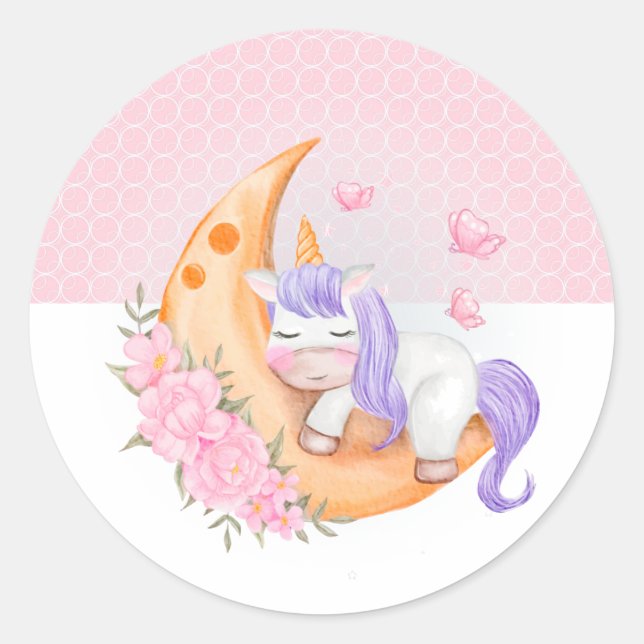 Sticker Rond Bébé Unicorne au-dessus de la lune avec fleurs (Devant)