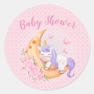Sticker Rond Bébé Unicorne au-dessus de la lune avec fleurs