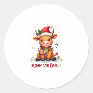 Sticker Rond Bébé vache des Highlands mignon Lumières de Noël J