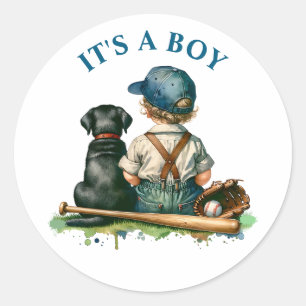 Sticker Rond Bébé vintage, chien et baseball   Un garçon