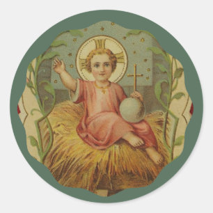 Sticker Rond Bébé vintage Jésus dans Manger