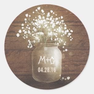 Sticker Rond Bébé's Breath Mason Jar Rustic Wood Mariage