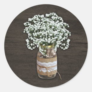 Sticker Rond Bébé's Breath Rustic Mason Jar Wood Wedding Favors