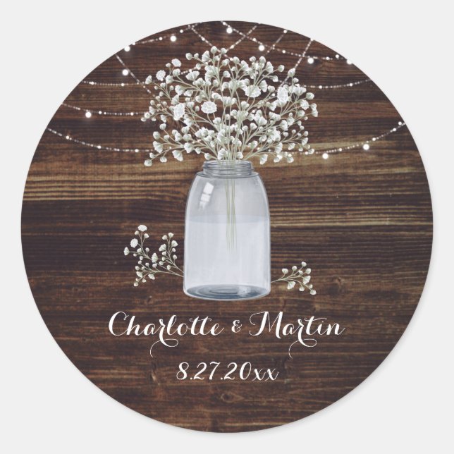 Sticker Rond Bébé's Breath Rustic Wood Mason Jar Mariage (Devant)