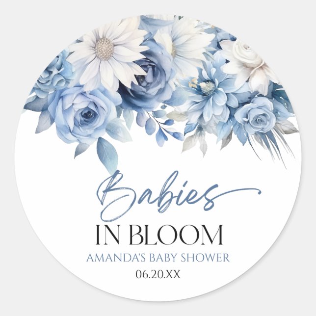 Sticker Rond Bébés En Fleur Bleu Floral Multiples Baby shower (Devant)
