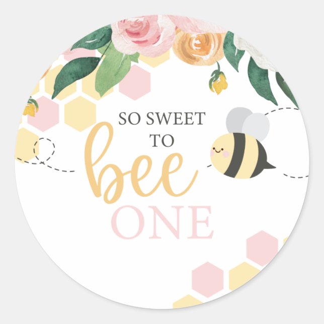 Sticker Rond Bee Day Bumblebee 1er anniversaire rose floral (Devant)