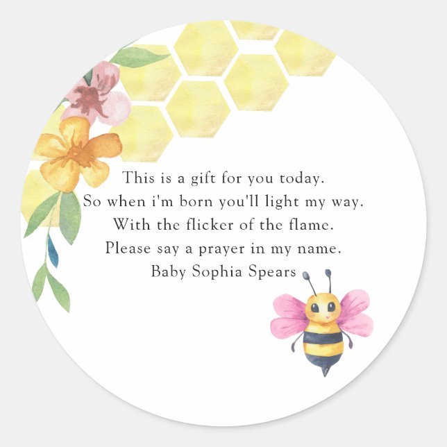 Sticker Rond  Bee girl baby shower - Prayer candle label (Devant)