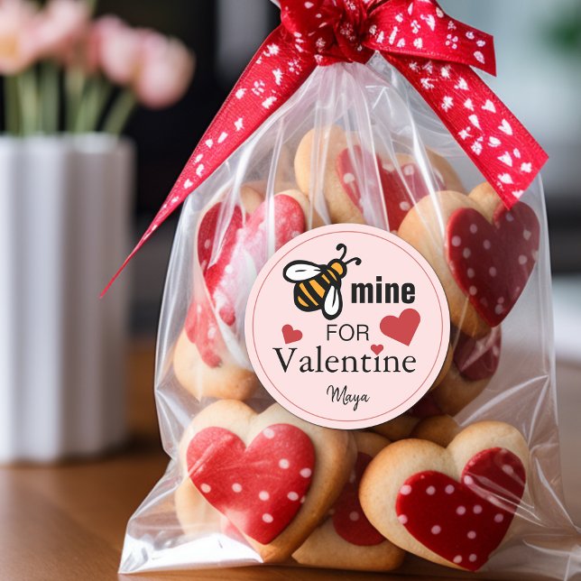 Sticker Rond Bee Mine Valentine Favor (Bee Mine Valentine Favor Name Classic Round Sticker)