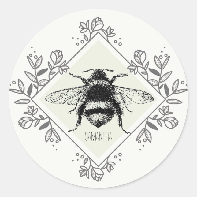 Sticker Rond Bee Nom personnalisé Frontière florale (Devant)