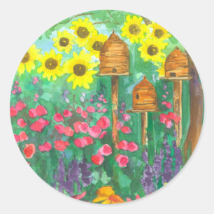 Sticker Rond Bee Skep Cottage Jardin Aquarelle Fleurs de soleil