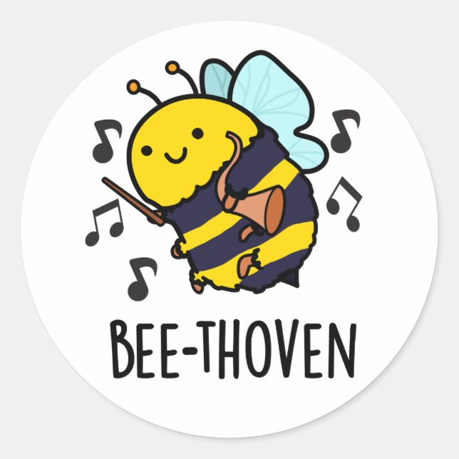 Sticker Rond Bee-thoven Funny Music Bee Pun (Devant)