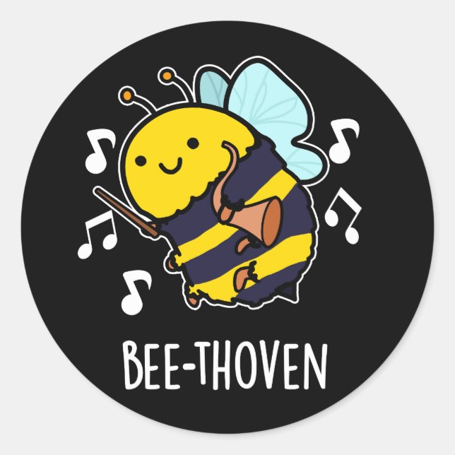 Sticker Rond Bee-thoven Funny Musique Bee Pun Dark BG (Devant)