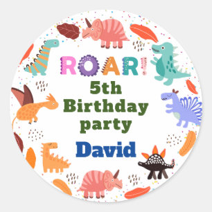 Sticker Rond Beige Brown Cute Dinosaur fête d'anniversaire