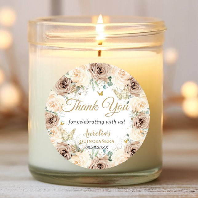 Sticker Rond Beige Crème Champagne Floral Quinceañera Douze Ans (Créateur téléchargé)