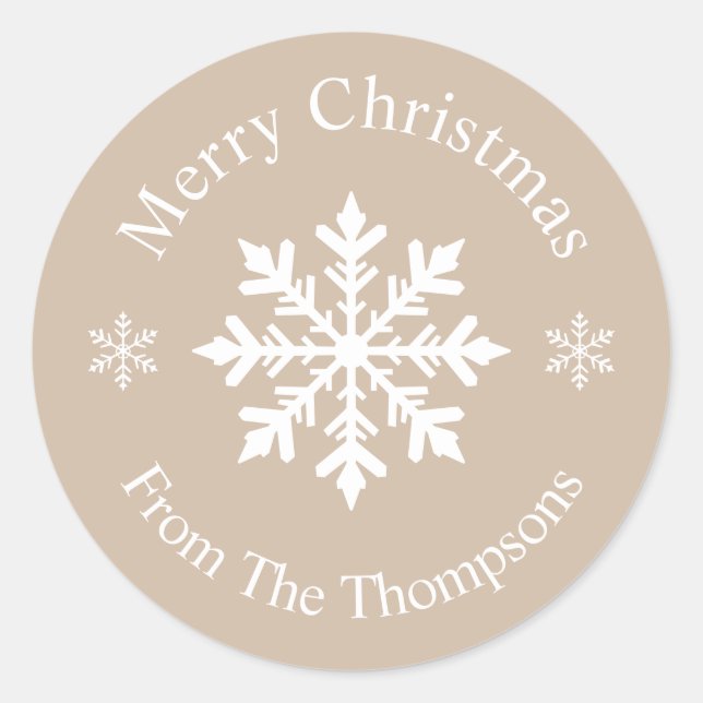 Sticker Rond Beige Et Blanc Flocon De Neige Joyeux Noël (Devant)