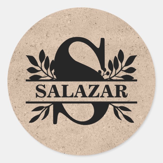 Sticker Rond Beige Faux Kraft Black Feuilles Split Monogramme S (Devant)