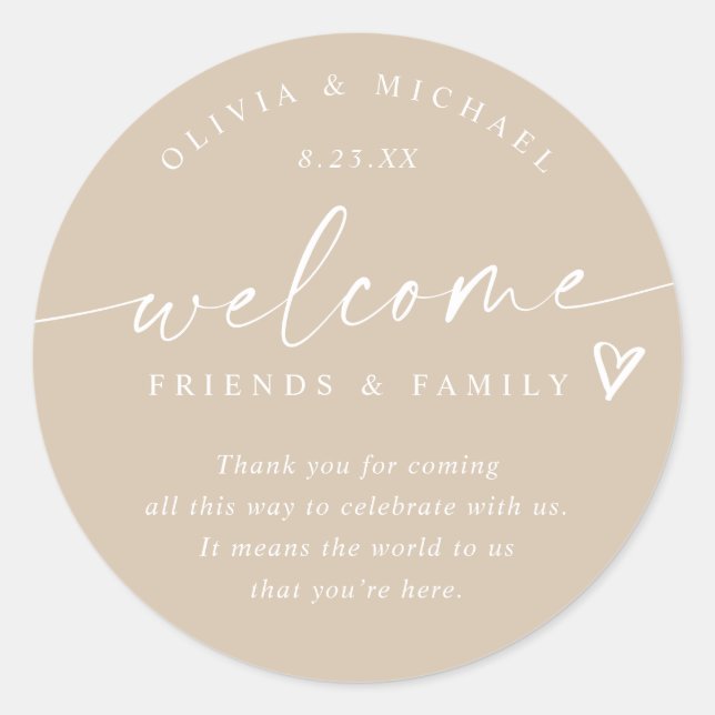 Sticker Rond Beige moderne / Mariage Tan Welcome Hotel Sac (Devant)