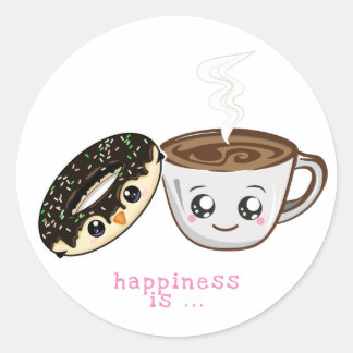 Sticker Rond beignet au chocolat kawaii et café chaud