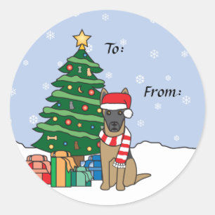 Sticker Rond Belge Malinois et arbre de Noël