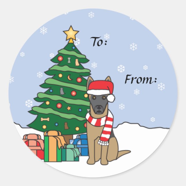 Sticker Rond Belge Malinois et arbre de Noël (Devant)