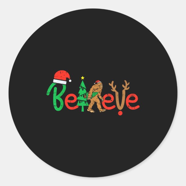 Sticker Rond Believe Bigfoot Sasquatch Santa Reindeer Christmas (Devant)