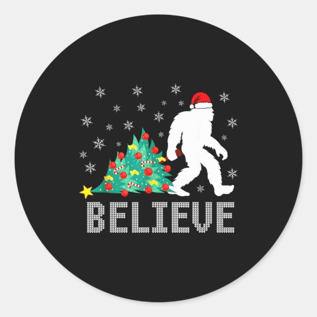 Sticker Rond Believe Bigfoot Sasquatch Santa Reindeer Christmas (Devant)