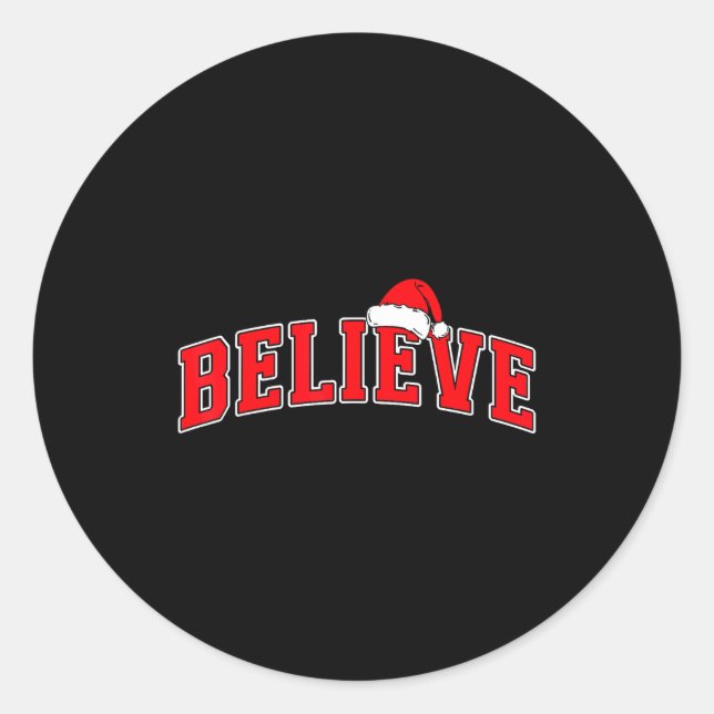 Sticker Rond Believe Christmas Varsity Text With Santa Hat Fami (Devant)