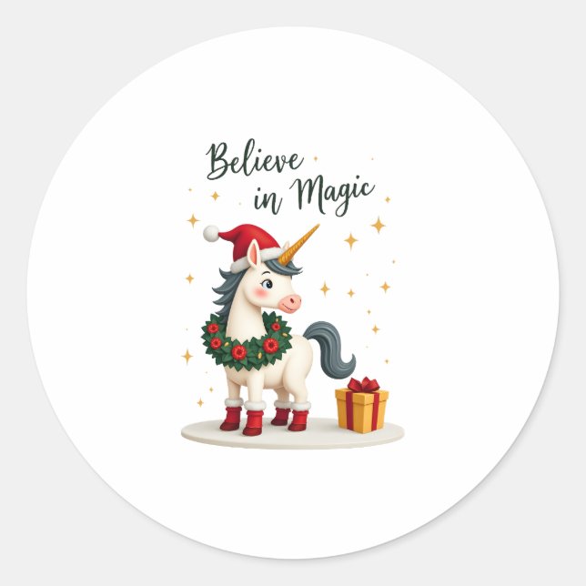 Sticker Rond Believe in Magic Festive Unicorn wearing a Christm (Devant)