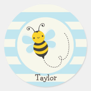 Sticker Rond Belle Abeille jaune et noire sur Bébé Bleu Stripes