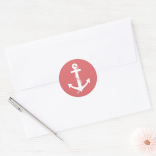 Sticker Rond Belle Ancre Nautique Corail Rose et Blanc